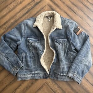 Polo Ralph Lauren Sherpa Fleece Lined USA Flag Patch Denim Trucker Jacket L
